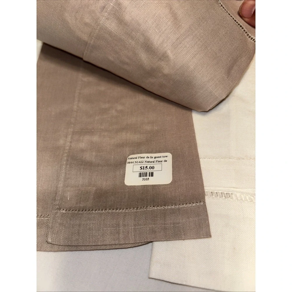 Vintage Linen‎ Powder Guest Towels White W/Brown  Embroidery Fleur de Lis Set 4